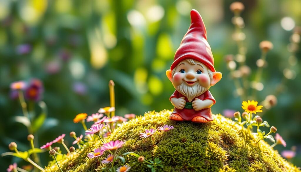 A charming garden gnome with a warm, friendly expression. Wearing a classic red hat and matching tunic, standing atop a mossy mound surrounded by lush greenery and vibrant wildflowers. Soft, diffused lighting casts a cozy glow, highlighting the gnome's whimsical features and the serene, magical ambiance of the scene. The gnome's proportions are slightly exaggerated, giving it an endearing, almost childlike quality. The overall composition evokes a sense of enchantment and wonder, perfectly capturing the essence of an "ideal garden gnome." A charming garden gnome with a warm, friendly expression. Wearing a classic red hat and matching tunic, standing atop a mossy mound surrounded by lush greenery and vibrant wildflowers. Soft, diffused lighting casts a cozy glow, highlighting the gnome's whimsical features and the serene, magical ambiance of the scene. The gnome's proportions are slightly exaggerated, giving it an endearing, almost childlike quality. The overall composition evokes a sense of enchantment and wonder, perfectly capturing the essence of an "ideal garden gnome."