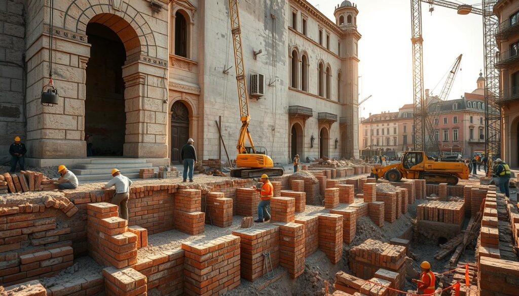A construction site in a historical city, where skilled workers are expertly reinforcing the foundations of an old stone building. The foreground shows masons carefully laying new bricks and mortar, securing the structure's base. In the middle ground, heavy-duty equipment is used to excavate and stabilize the ground, while workers monitor the progress with precision. In the background, the weathered facade of the building stands tall, contrasted by the modern cranes and scaffolding, reflecting the fusion of old and new techniques. Warm sunlight casts a soft glow, illuminating the intricate process of strengthening the foundations to preserve the building's history and integrity.