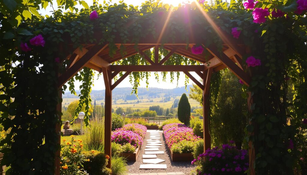 A cozy garden gazebo adorned with lush, trailing vines and vibrant blooms. The structure stands in the foreground, its wooden beams and arched entryway bathed in warm, golden sunlight filtering through the canopy of leaves above. In the middle ground, a path winds through a carefully tended flower bed, its vibrant hues complementing the natural tones of the gazebo. The background features a serene landscape of rolling hills and a distant treeline, creating a sense of tranquility and harmony. The overall scene evokes a welcoming, enchanting atmosphere, inviting visitors to step inside and bask in the beauty of the carefully curated outdoor oasis. A cozy garden gazebo adorned with lush, trailing vines and vibrant blooms. The structure stands in the foreground, its wooden beams and arched entryway bathed in warm, golden sunlight filtering through the canopy of leaves above. In the middle ground, a path winds through a carefully tended flower bed, its vibrant hues complementing the natural tones of the gazebo. The background features a serene landscape of rolling hills and a distant treeline, creating a sense of tranquility and harmony. The overall scene evokes a welcoming, enchanting atmosphere, inviting visitors to step inside and bask in the beauty of the carefully curated outdoor oasis.