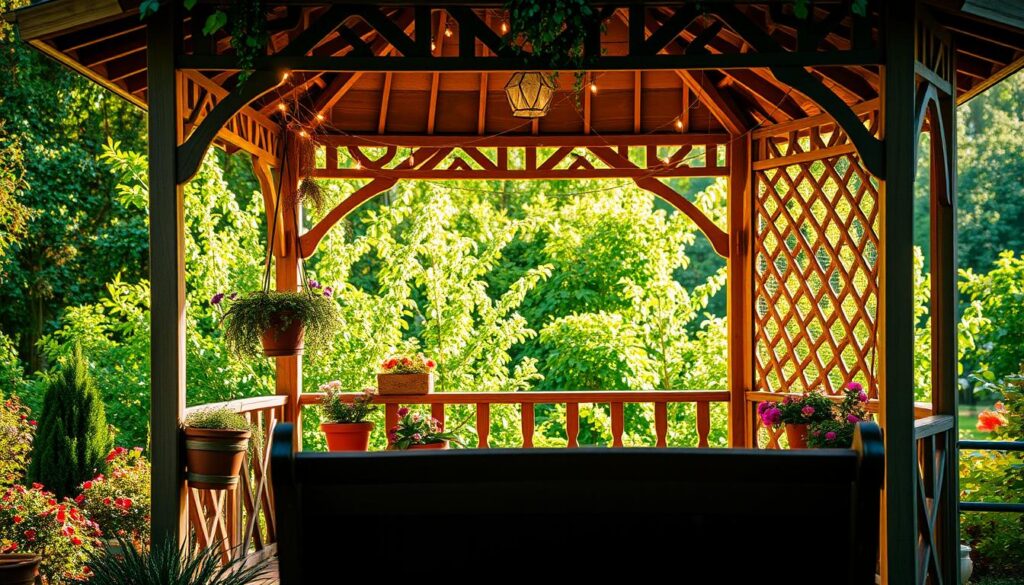A cozy garden gazebo with a lush, verdant backdrop. The structure is adorned with delicate hanging plants, string lights, and a charming array of potted flowers. Warm, natural lighting bathes the scene, creating a serene and inviting atmosphere. In the foreground, a wooden bench invites visitors to relax and enjoy the tranquil ambiance. The gazebo's intricate latticework casts a delicate pattern of shadows, adding depth and visual interest to the composition. The overall scene conveys a sense of peaceful refuge, where one can escape the bustle of everyday life and immerse themselves in the beauty of the garden. A cozy garden gazebo with a lush, verdant backdrop. The structure is adorned with delicate hanging plants, string lights, and a charming array of potted flowers. Warm, natural lighting bathes the scene, creating a serene and inviting atmosphere. In the foreground, a wooden bench invites visitors to relax and enjoy the tranquil ambiance. The gazebo's intricate latticework casts a delicate pattern of shadows, adding depth and visual interest to the composition. The overall scene conveys a sense of peaceful refuge, where one can escape the bustle of everyday life and immerse themselves in the beauty of the garden.