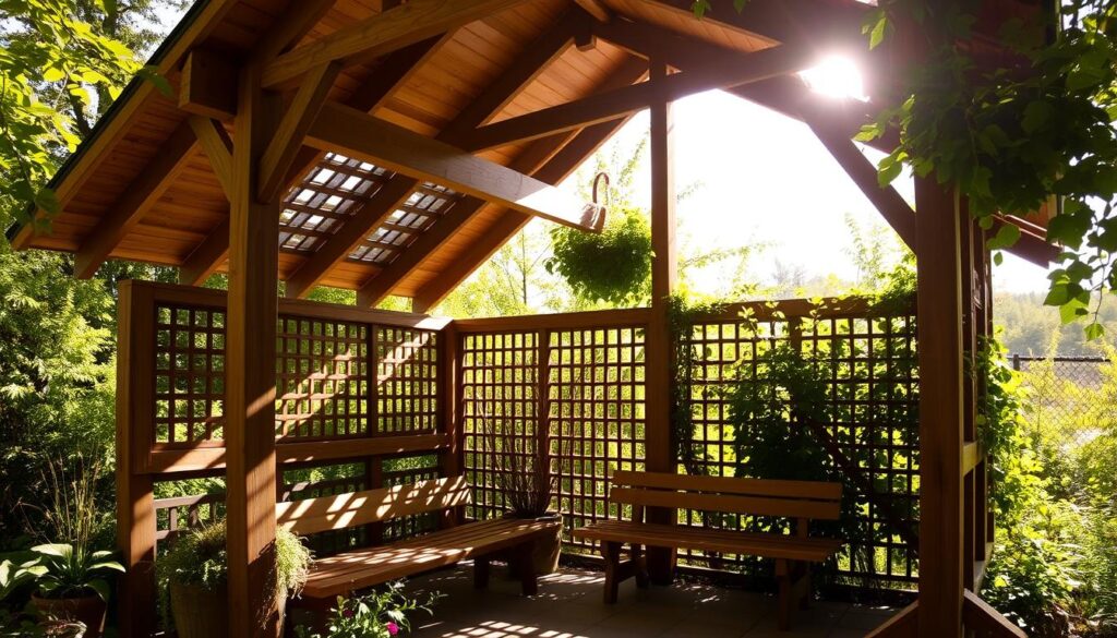 A cozy garden pavilion, its timber-framed structure adorned with intricate latticework, stands amidst a lush, verdant landscape. Sunlight filters through the lattice, casting a warm, dappled glow upon the wooden benches within. Potted plants and trailing vines add a touch of natural beauty, while the structure's sloped roof and wide overhanging eaves provide a sense of shelter and tranquility. The pavilion's design seamlessly blends form and function, creating a serene outdoor sanctuary that invites relaxation and contemplation.