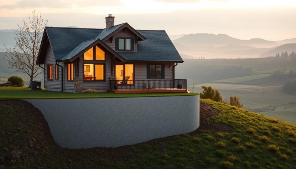 A cozy, well-insulated house nestled in a peaceful landscape, with the foundation subtly emphasized. The foreground showcases the warm, inviting glow of the home's exterior, while the middle ground reveals the seamless integration of the insulated foundation, blending harmoniously with the surrounding terrain. The background depicts a serene countryside, with rolling hills, lush vegetation, and a soft, diffused lighting that creates a sense of tranquility. The overall composition conveys the benefits of foundation insulation, highlighting the improved energy efficiency, comfort, and environmental sustainability of the home.