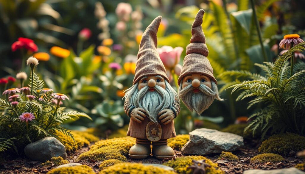 A delightful garden gnome coming to life, crafted from natural materials like wood, moss, and stones. The gnome stands in the foreground, its whimsical features and cozy, weathered appearance inviting closer inspection. The middle ground features a lush, verdant garden backdrop, with vibrant flowers, ferns, and foliage creating a serene, enchanting atmosphere. Soft, diffused lighting casts a warm, golden glow, highlighting the gnome's intricate details and the rich textures of the natural elements. The overall composition conveys a sense of rustic charm, inviting the viewer to immerse themselves in the magical world of homemade garden decor. A delightful garden gnome coming to life, crafted from natural materials like wood, moss, and stones. The gnome stands in the foreground, its whimsical features and cozy, weathered appearance inviting closer inspection. The middle ground features a lush, verdant garden backdrop, with vibrant flowers, ferns, and foliage creating a serene, enchanting atmosphere. Soft, diffused lighting casts a warm, golden glow, highlighting the gnome's intricate details and the rich textures of the natural elements. The overall composition conveys a sense of rustic charm, inviting the viewer to immerse themselves in the magical world of homemade garden decor.