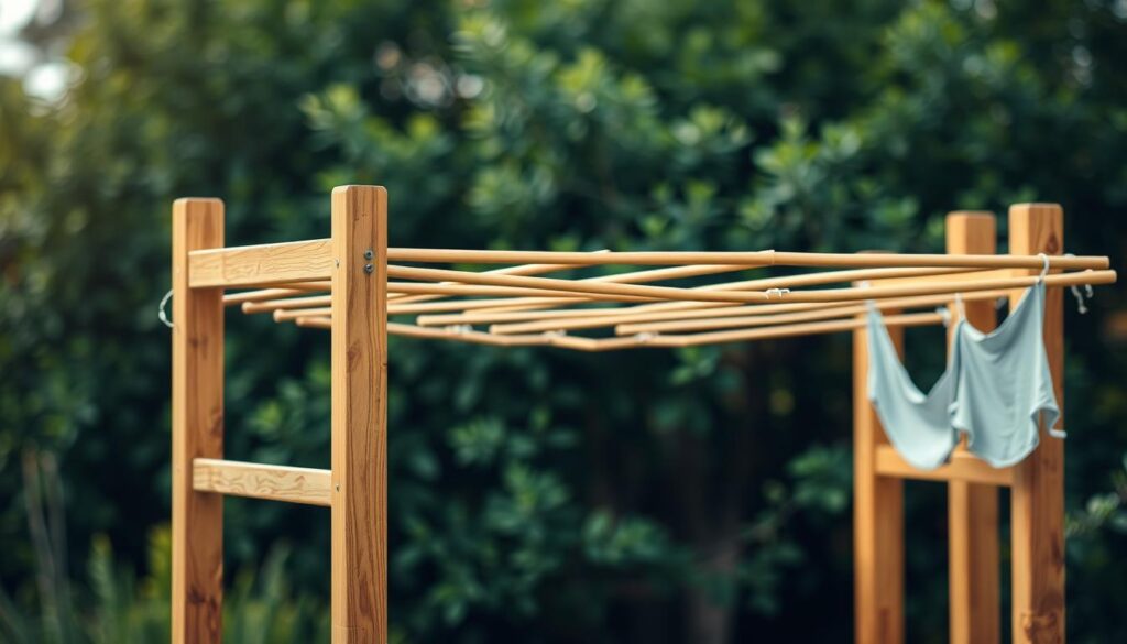 A detailed, engineering-focused garden clothesline structure set against a serene outdoor backdrop. The central frame is a sturdy, minimalist lattice design in warm, natural wood tones, with thoughtfully spaced horizontal bars to accommodate multiple levels of drying laundry. The overall composition has a balanced, practical aesthetic, conveying a sense of functional simplicity. Soft, diffused natural lighting illuminates the scene, creating gentle shadows and highlights that emphasize the textural quality of the materials. The background features a lush, verdant garden setting, with blurred foliage and greenery providing a tranquil, peaceful ambiance.