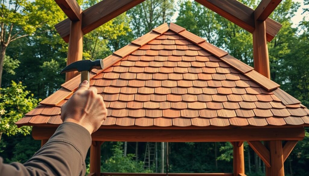 A detailed step-by-step process of installing wooden shingles (gont) on a rustic wooden gazebo. The foreground shows the hands of a skilled craftsman methodically nailing down each shingle, with tools and materials like a hammer, nails, and bundles of shingles in the frame. The middle ground depicts the partially completed gazebo roof, its natural wooden texture and reddish-brown hue complementing the earthy tones of the surrounding environment. In the background, a lush, verdant forest frames the scene, creating a peaceful, rural atmosphere. The lighting is soft and natural, casting warm, golden tones across the entire composition. The overall mood is one of craftsmanship, attention to detail, and harmonious integration with the natural world.
