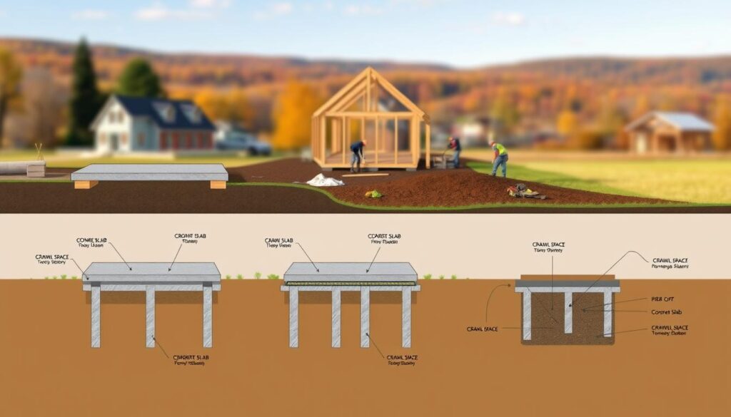 A detailed technical illustration showcasing various types of foundations commonly used in timber frame construction. The foreground features cross-sectional diagrams of different foundation systems, such as concrete slab, piers, and crawl space, with clear labeling of their key components. The middle ground depicts a construction site with workers actively installing a foundation, using appropriate tools and equipment. The background sets the scene with a softly blurred, warm-toned landscape of a rural residential area, emphasizing the natural setting where these foundations would be applied. The overall mood is informative and educational, with a technical, architectural aesthetic.