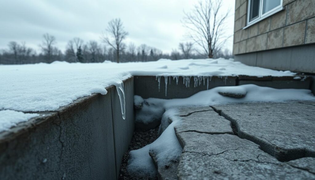 A detailed wide-angle view of an exposed concrete foundation against a backdrop of a snowy winter landscape. The foreground features cracks, gaps, and uneven surfaces in the foundation, highlighting the potential risks of leaving it uncovered. The middle ground showcases a partially snow-covered area, with icicles hanging from the exposed edges. In the background, a bleak, overcast sky sets a somber tone, emphasizing the harsh winter conditions. The lighting is subtle, casting long shadows and creating a sense of depth and dimensionality. The overall composition conveys a sense of vulnerability and the need for proper winterization of the exposed foundation.