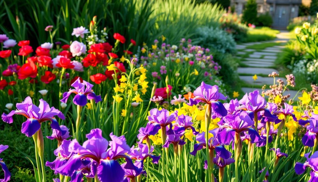A lush garden bed overflowing with vibrant, long-lasting perennial flowers. In the foreground, clusters of vibrant purple irises sway gently in a soft breeze, their petals catching the warm afternoon sunlight. Behind them, a mix of colorful blooms unfurls - bold red peonies, delicate pink phlox, and cheerful yellow daffodils. The middle ground is a tapestry of greens, with tall, verdant foliage providing a natural backdrop. In the distance, a glimpse of a quaint garden path winds through the scene, inviting the viewer to explore this bountiful, well-tended oasis. The overall atmosphere is one of serene abundance, showcasing the beauty and longevity of a thoughtfully curated perennial garden. A lush garden bed overflowing with vibrant, long-lasting perennial flowers. In the foreground, clusters of vibrant purple irises sway gently in a soft breeze, their petals catching the warm afternoon sunlight. Behind them, a mix of colorful blooms unfurls - bold red peonies, delicate pink phlox, and cheerful yellow daffodils. The middle ground is a tapestry of greens, with tall, verdant foliage providing a natural backdrop. In the distance, a glimpse of a quaint garden path winds through the scene, inviting the viewer to explore this bountiful, well-tended oasis. The overall atmosphere is one of serene abundance, showcasing the beauty and longevity of a thoughtfully curated perennial garden.