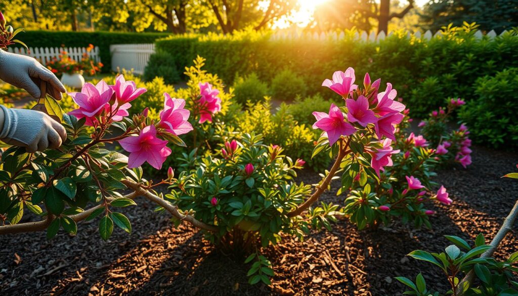 A lush garden scene featuring a well-tended collection of thriving ornamental shrubs. In the foreground, a gardener's gloved hands delicately prune the branching stems of a vibrant azalea bush, its pink flowers in full bloom. The middle ground showcases an array of diverse shrubs, their leaves casting intricate shadows across the mulched soil. Warm, golden sunlight filters through the canopy overhead, illuminating the scene with a soft, natural glow. In the background, a picket fence and verdant hedges create a sense of tranquility and seclusion, inviting the viewer to imagine themselves within this peaceful, horticultural sanctuary.