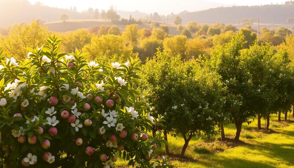A lush orchard filled with a variety of thriving fruit trees, bathed in warm, golden sunlight filtering through the canopy. In the foreground, a row of apple trees in full bloom, their delicate white and pink blossoms swaying gently in a soft breeze. In the middle ground, a mix of pear, plum, and cherry trees, their leaves and fruits in varying shades of green, red, and purple. In the background, a rolling hillside dotted with the silhouettes of other fruit-bearing trees, creating a picturesque, pastoral scene. The overall mood is one of abundance, vitality, and the natural beauty of a well-tended, productive orchard.