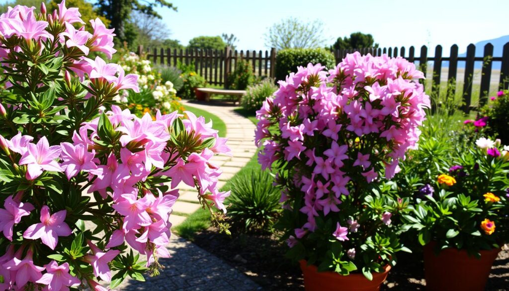 A lush, sun-dappled garden in full bloom, with vibrant azalea bushes taking center stage. In the foreground, delicate pink and lavender flowers cascade gracefully from their potted containers, framed by verdant foliage. The middle ground reveals a picturesque pathway winding through the garden, flanked by a mix of other thriving plants and flowers. In the background, a charming wooden fence and a glimpse of a tranquil blue sky complete the serene, inviting scene. The lighting is soft and natural, capturing the essence of a perfect spring or summer day, ideal for showcasing the beauty and suitability of potted azaleas in an outdoor garden setting.