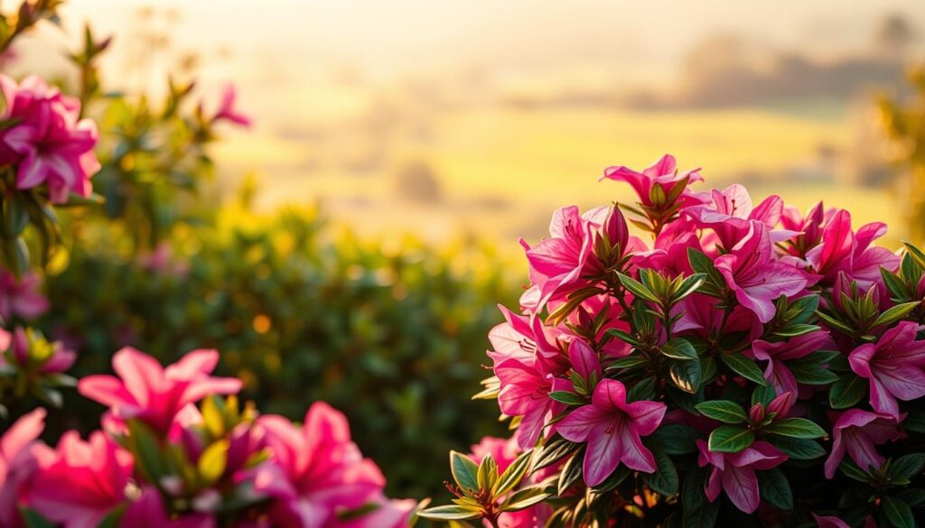 A lush, vibrant azalea plant in a well-lit garden setting. The foreground features the plant's blooming flowers in shades of pink and white, their delicate petals gently opening towards the sun. The middle ground showcases the plant's thick, glossy green foliage, meticulously cared for. In the background, a blurred, picturesque landscape unfolds, with soft, warm lighting creating a serene, inviting atmosphere. The overall composition emphasizes the beauty and vibrant health of the azalea, conveying the essence of proper garden care and maintenance.