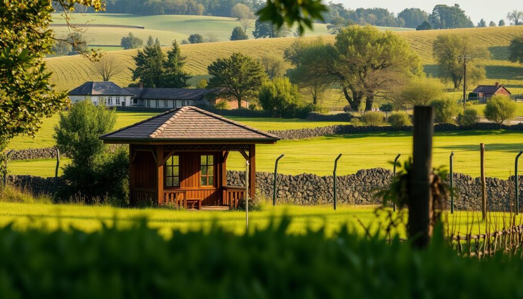 A picturesque rural landscape, with a charming wooden garden pavilion or gazebo (altana) nestled in the foreground. The structure is situated near a clearly defined border, perhaps a fence, hedge, or stone wall, conveying a sense of distance from the boundary. Soft, warm lighting filters through the scene, casting gentle shadows and highlighting the natural textures of the pavilion and surrounding foliage. The overall atmosphere is one of tranquility and relaxation, inviting the viewer to imagine enjoying the cozy retreat while respecting the regulations and guidelines regarding the proximity to the property line.