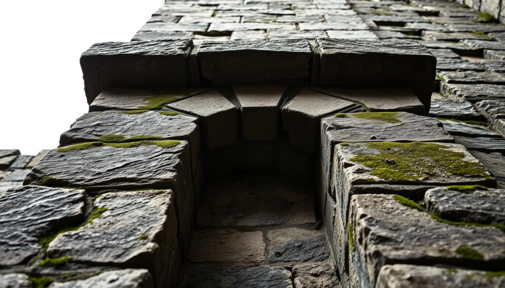 A rugged, weathered stone foundation stands tall, its mortar-filled cracks and moss-covered surfaces capturing the passage of time. The camera angles upwards, emphasizing the sturdy construction and solid, reliable appearance of the structure. Soft, directional lighting casts dramatic shadows, highlighting the textural details of the stonework. The background is blurred, allowing the focus to remain on the central foundation, conveying a sense of timeless strength and permanence. This image evokes a feeling of stability, tradition, and the importance of preserving and reinforcing historical architectural elements.