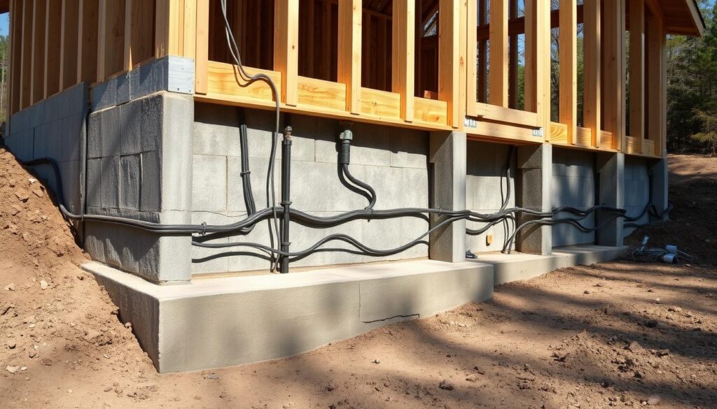 A sturdy concrete foundation, reinforced with steel, anchoring a lightweight wooden frame house. The foundation extends deep into the earth, providing a solid, unwavering base. Intricate web of pipes and wires snakes through the reinforced concrete, ensuring a secure connection to essential utilities. Sunlight casts long shadows, highlighting the textured surface and emphasizing the foundation's solidity. The scene exudes a sense of stability, resilience, and careful engineering, reflecting the critical role of the foundation in supporting a sustainable, energy-efficient home.