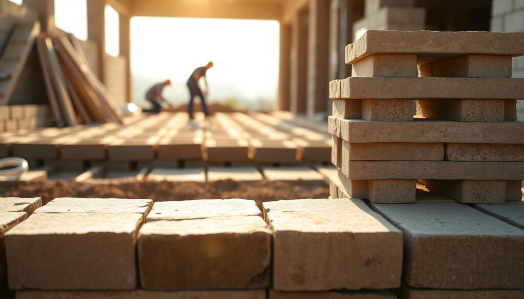 A sturdy foundation for a strong home. In the foreground, a stack of concrete blocks, their smooth surfaces gleaming under the warm sunlight. The blocks are of varying sizes, some larger and more robust, others smaller and more compact. In the middle ground, the construction site comes into view, with workers carefully laying the blocks in a precise pattern. The background is softly blurred, hinting at the future structure that will rise from these humble beginnings. The scene conveys a sense of solidity, stability, and the meticulous planning required to build a solid foundation. The lighting is natural and diffused, creating a welcoming and inviting atmosphere.