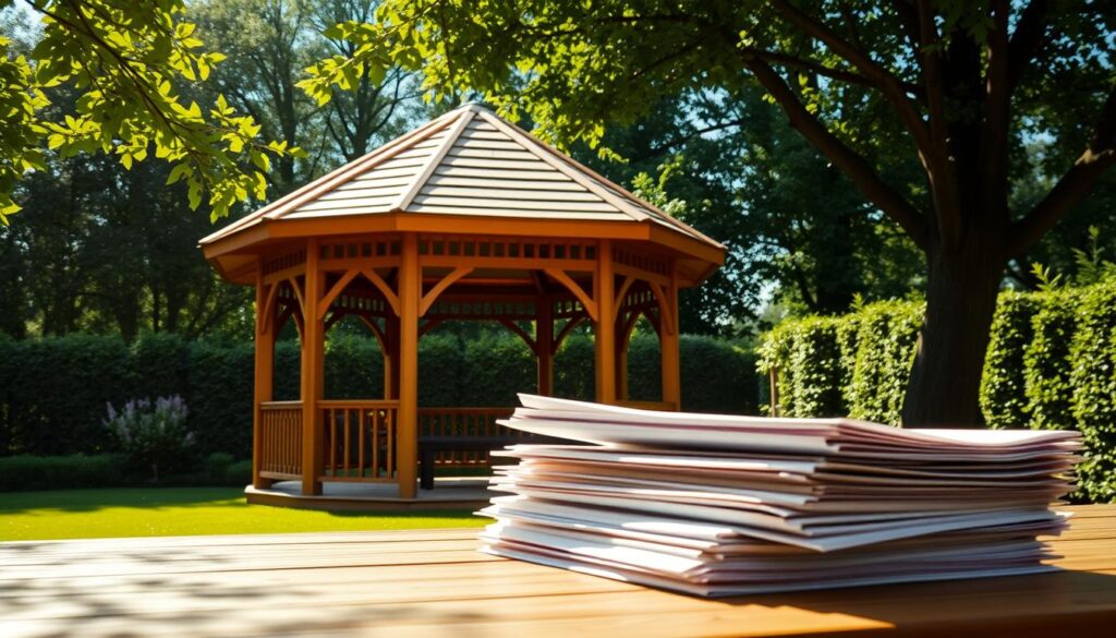 A sun-drenched, meticulously crafted wooden gazebo stands prominently in a lush, well-manicured garden. Its elegant, triangular roof and ornate trellised walls evoke a sense of refined outdoor living. In the foreground, a stack of official-looking documents rests on a wooden table, hinting at the legal requirements surrounding the structure's construction. Soft natural light filters through the foliage, creating a serene and inviting atmosphere. The overall composition conveys the intersection of form, function, and bureaucratic process that is the essence of the "Pozwolenie na altanę" concept. A sun-drenched, meticulously crafted wooden gazebo stands prominently in a lush, well-manicured garden. Its elegant, triangular roof and ornate trellised walls evoke a sense of refined outdoor living. In the foreground, a stack of official-looking documents rests on a wooden table, hinting at the legal requirements surrounding the structure's construction. Soft natural light filters through the foliage, creating a serene and inviting atmosphere. The overall composition conveys the intersection of form, function, and bureaucratic process that is the essence of the "Pozwolenie na altanę" concept.