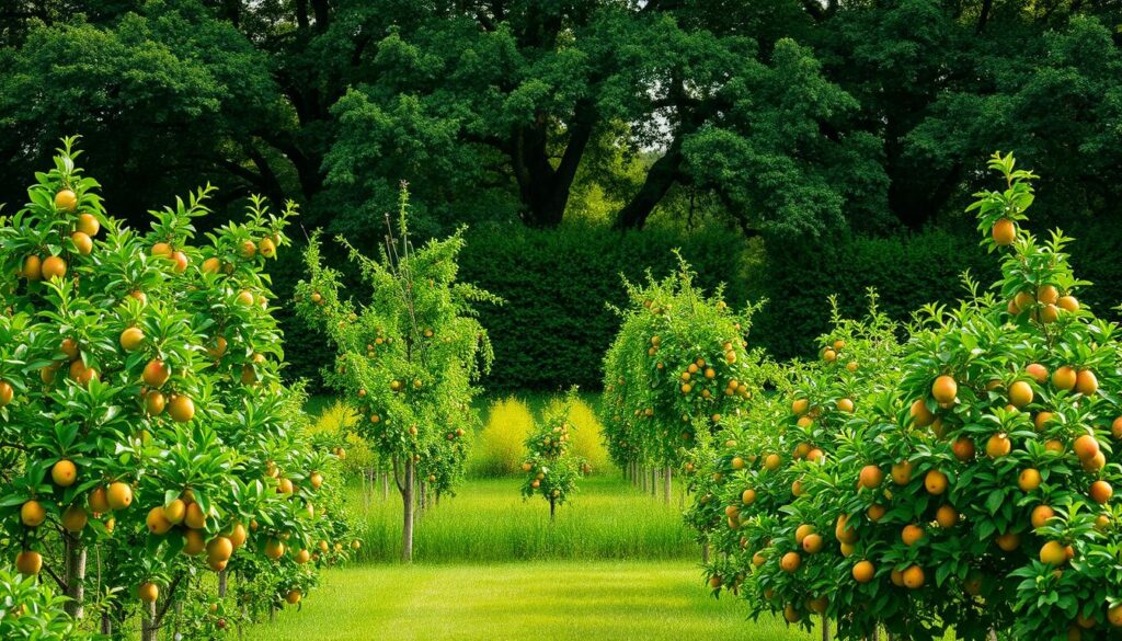 A verdant garden showcasing an array of lush, fruit-bearing trees. In the foreground, a diverse selection of apple, pear, plum, and cherry trees stand tall, their branches heavy with ripe, vibrant fruits. The mid-ground features a mix of smaller citrus and stone fruit trees, their leaves rustling gently in the soft, natural light. In the background, a row of towering oak and maple trees frame the scene, casting dappled shadows that create a warm, welcoming atmosphere. The composition is carefully balanced, highlighting the natural beauty and bountiful harvest of this carefully curated orchard. A tranquil, pastoral setting that embodies the essence of a thriving, productive garden.