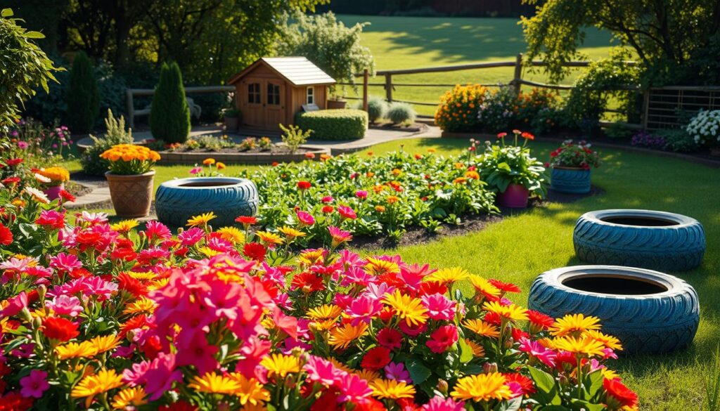 A vibrant and inviting garden scene, showcasing the benefits of painted tires. In the foreground, a lush flowerbed overflows with colorful blooms, their petals dancing in the gentle breeze. Scattered among the flowers, a collection of repurposed tires, each transformed into a whimsical planter, their surfaces adorned with intricate patterns and bold hues. The midground features a well-tended vegetable patch, the painted tires lining the edges, adding pops of color and creating a cohesive, visually striking design. In the background, a charming garden shed and a verdant lawn, creating a harmonious and serene atmosphere. The lighting is soft and natural, casting a warm, inviting glow over the entire scene, highlighting the vibrant colors and textures of the painted tires and the lush surrounding foliage.