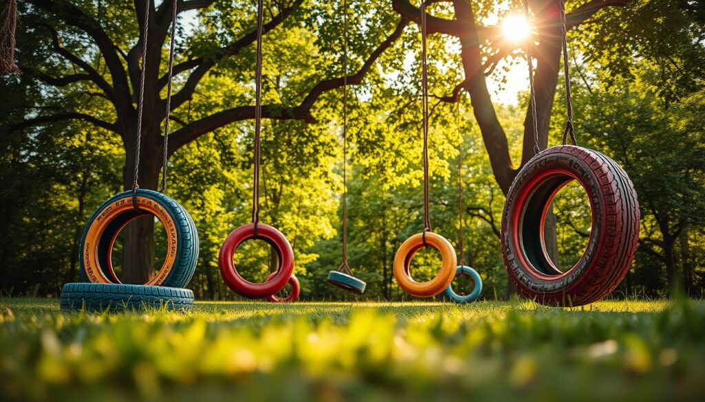 A vibrant and playful scene of repurposed tire swings set against a lush, verdant backdrop. The swings, crafted with colorful tires, sway gently in the breeze, inviting children to climb aboard and enjoy the simple pleasures of an improvised playground. Sunlight filters through the canopy of trees, casting a warm, natural glow over the whimsical setup. In the foreground, the sturdy, weathered tires contrast with the soft, grassy surface, creating a harmonious blend of textures. The overall composition exudes a sense of creativity, sustainability, and the joy of outdoor play, perfectly capturing the essence of the "Elementy na placu zabaw dla dzieci" section.