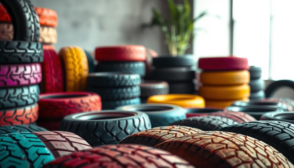 A vibrant array of colorful rubber tires, arranged in a visually captivating display. The foreground features a diverse selection of tire treads, ranging from bold and striking hues to more subtle, earthy tones. The middle ground showcases the varied textures and patterns of the tire sidewalls, creating a visually engaging composition. In the background, a softly blurred, neutral-toned environment provides a clean and minimal backdrop, allowing the colors and details of the tires to take center stage. The overall lighting is soft and diffused, lending a sense of elegance and refinement to the scene. The camera angle is slightly elevated, offering a comprehensive view of the tire selection and highlighting the visual appeal of these versatile automotive accessories.