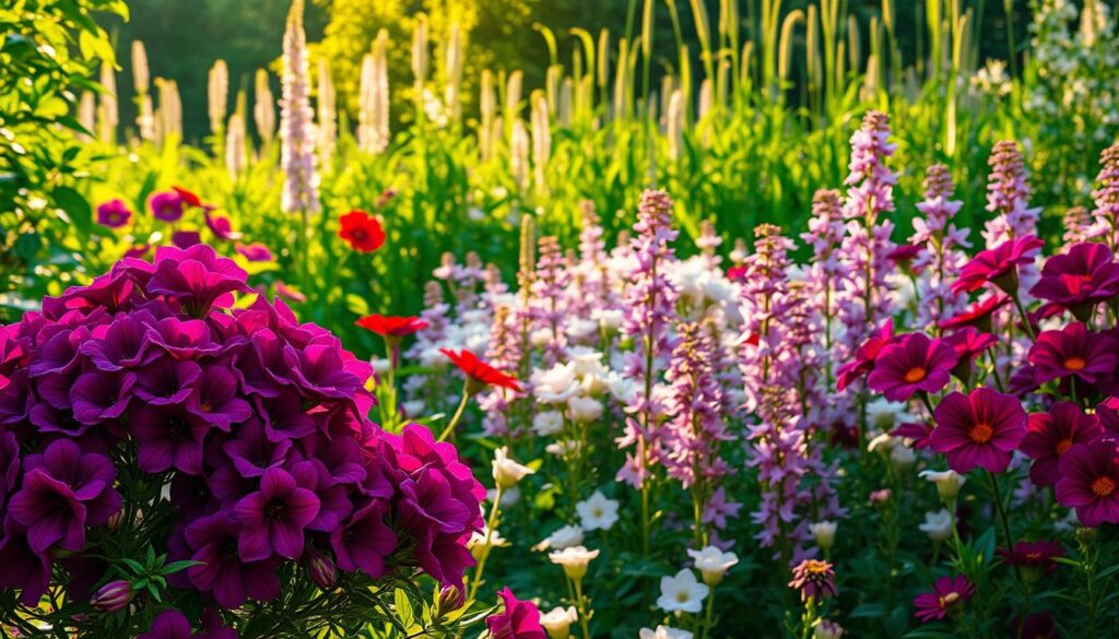 A vibrant garden bursting with the most beautiful perennial flowers, bathed in warm golden sunlight filtering through lush foliage. In the foreground, an abundant cluster of lush, velvety blooms in rich, jewel-toned hues of purple, fuchsia, and deep crimson, their petals gently swaying in a soft breeze. In the middle ground, a profusion of delicate, ethereal flowers in soft pastels of pink, lavender, and white, their petals translucent and delicate. In the background, a verdant tapestry of leafy plants and tall, graceful stems, creating a serene and inviting natural setting. Capture the essence of a vibrant, flourishing perennial garden, brimming with the most beautiful and long-lasting flowers. A vibrant garden bursting with the most beautiful perennial flowers, bathed in warm golden sunlight filtering through lush foliage. In the foreground, an abundant cluster of lush, velvety blooms in rich, jewel-toned hues of purple, fuchsia, and deep crimson, their petals gently swaying in a soft breeze. In the middle ground, a profusion of delicate, ethereal flowers in soft pastels of pink, lavender, and white, their petals translucent and delicate. In the background, a verdant tapestry of leafy plants and tall, graceful stems, creating a serene and inviting natural setting. Capture the essence of a vibrant, flourishing perennial garden, brimming with the most beautiful and long-lasting flowers.