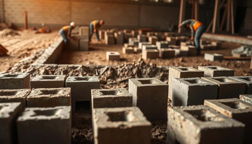 A well-lit construction site, with various types of concrete foundation blocks neatly arranged in the foreground. In the background, a solid foundation being laid, with workers carefully selecting and positioning the blocks. The image conveys a sense of precision and attention to detail, highlighting the importance of choosing the right foundation blocks for a successful construction project. The lighting is warm and natural, creating a sense of depth and texture in the scene. The overall composition emphasizes the process of selecting the appropriate foundation blocks, with a focus on the different sizes and shapes available.
