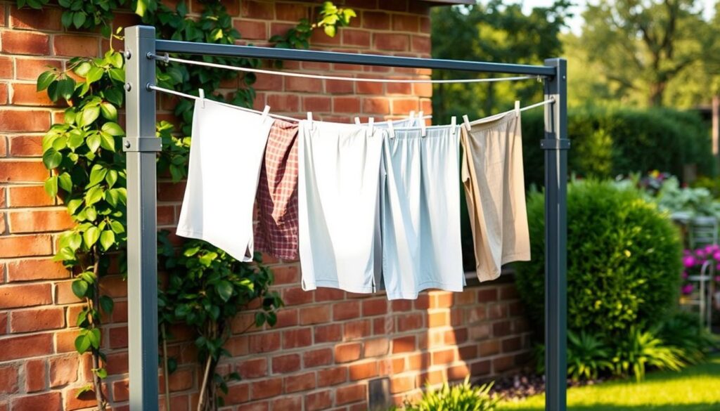 Detailed and customized outdoor clothesline system, featuring a sturdy metal frame with adjustable lines to accommodate varying loads. The frame is placed against a plain brick wall, with lush greenery and a tranquil garden in the background, creating a serene and practical setting. Warm, natural lighting casts subtle shadows, highlighting the utilitarian yet visually appealing design. The lines are taut, ready to hold a full load of freshly washed laundry, showcasing the system's flexibility and efficiency. The overall composition emphasizes the harmony between function and aesthetic, making it an ideal illustration for the article's section on tailoring the clothesline to individual needs.