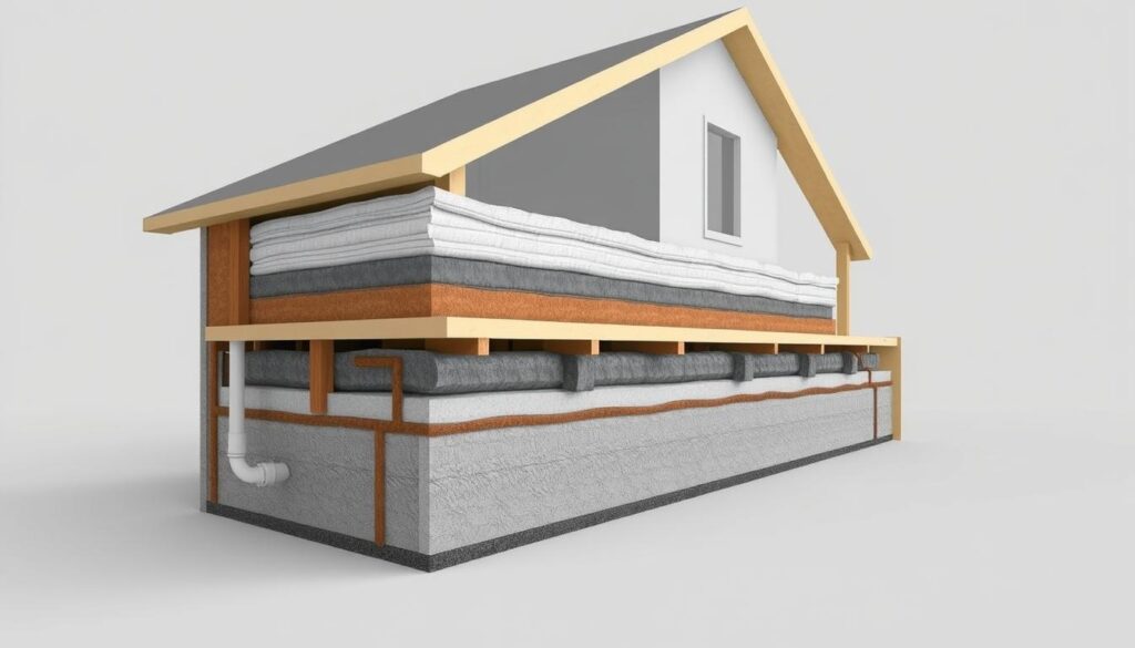 Detailed architectural cross-section of a home's foundation, showcasing the various layers and materials involved in insulating the substructure. A wide, well-lit view from the side, with a clean, technical aesthetic. Prominent focus on the insulation materials, their placement, and the overall construction, presented in a clear, informative manner. Muted, earthy tones complement the industrial, functional nature of the scene. Precise rendering of the structural elements, with attention to accurate proportions and realistic textures. An image that visually communicates the key details and costs associated with insulating a home's foundation.