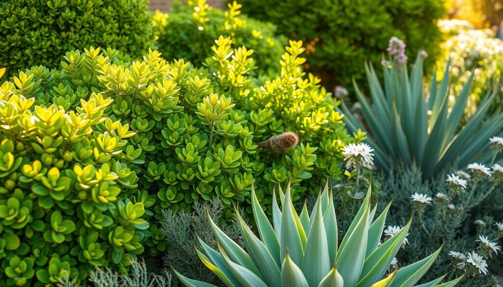 Lush, drought-resistant shrubs thriving in a sun-dappled garden. Vibrant green foliage, waxy leaves gently swaying in a light breeze. Varied textures and shapes create visual interest - rounded bushes, spiky yuccas, and delicate flowering plants. A serene, naturalistic scene bathed in warm, golden light that highlights the resilience and beauty of these hardy, low-maintenance specimens. Captured with a wide-angle lens to emphasize the overall composition and sense of tranquility. This image perfectly encapsulates the advantages of choosing drought-tolerant shrubs for the garden.