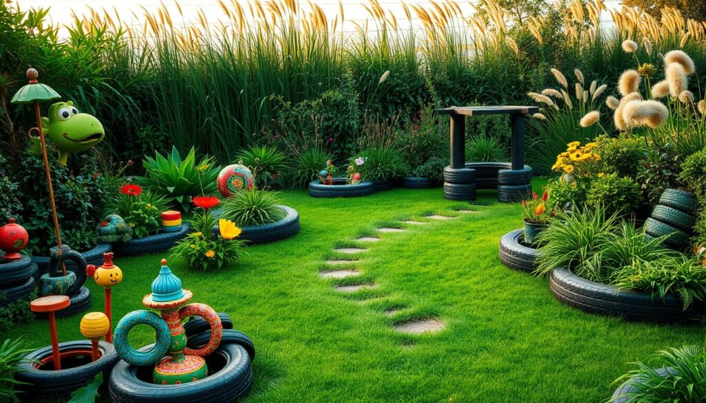 Lush green garden setting with a variety of upcycled tire planters and borders lining the beds. In the foreground, a cluster of colorful tire-based sculptures and ornaments, intricately crafted with whimsical designs. In the middle ground, a meandering path made of stacked tires, leading to a small tire-based gazebo or seating area. The background features a mix of tall, wispy grasses and shrubs, creating a natural, organic feel. Warm, diffused lighting casts a soft, golden glow across the scene, highlighting the textural details of the tire-based elements. The overall composition conveys a sense of eco-friendly creativity and a harmonious integration of recycled materials into a serene, inviting garden space.