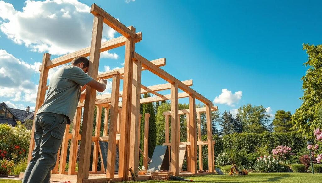 A serene garden scene featuring the construction of a wooden gazebo, showcasing a step-by-step process of assembly. In the foreground, a person dressed in modest casual clothing carefully measures and cuts wooden beams. In the middle, partially constructed walls and roof panels are arranged around a central wooden frame, with tools like a saw and a level resting nearby. The background reveals a lush garden with blooming flowers and green trees, under a bright blue sky with fluffy white clouds. Soft, natural lighting illuminates the scene, creating a warm and inviting atmosphere, while the camera angle captures both the details of the construction and the beauty of the garden surrounding it.