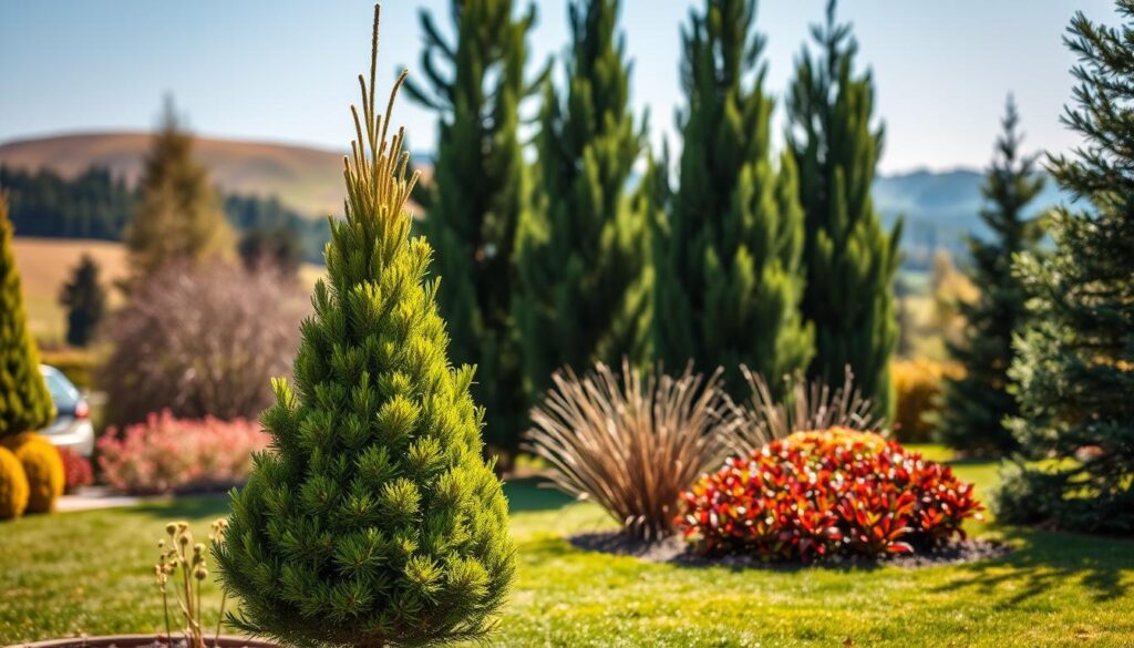 A vibrant garden scene showcasing various types of coniferous trees (iglaków) suitable for landscaping. In the foreground, a beautifully manicured dwarf spruce with rich green needles sits next to a tall, graceful weeping cedar, creating a striking contrast. The middle ground features a row of majestic pines, their tall trunks leading the eye upward, while a cluster of colorful ground cover plants adds texture at their base. In the background, a soft-focus blur of a serene landscape with rolling hills and a clear blue sky invites tranquility. The sunlight bathes the scene in a warm glow, highlighting the textures of the tree bark and foliage, captured through a slightly tilted lens for a dynamic perspective. Overall, the image radiates a peaceful, inviting atmosphere, perfect for illustrating conifer species in garden design.