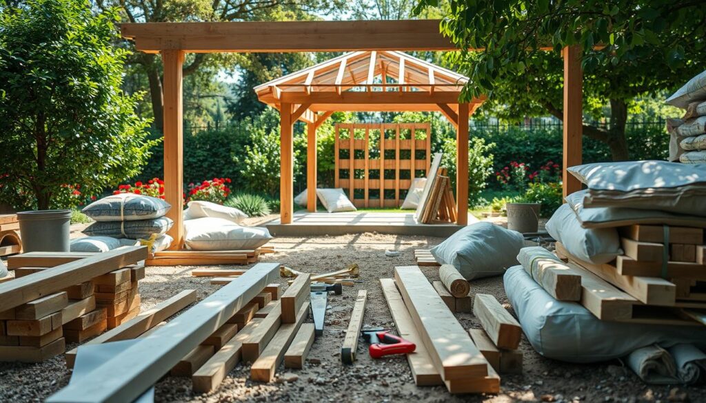 A well-organized construction site for a garden gazebo, filled with various building materials scattered around. In the foreground, wooden beams and square timber pieces lie neatly stacked, alongside bags of concrete and rolls of roofing material. In the middle ground, tools such as a saw, hammer, and measuring tape are visible, hinting at the construction process. In the background, a partially built gazebo structure can be seen, surrounded by lush greenery and colorful flowers to create a serene atmosphere. Natural sunlight filters through the trees, casting soft shadows across the scene, imbuing it with a warm and inviting feeling. The angle is slightly elevated, showcasing the arrangement of materials and the surrounding garden setting, emphasizing the theme of construction.