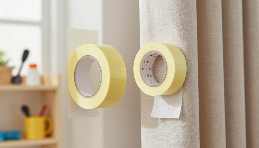 A close-up view of a practical home improvement setup featuring two contrasting methods for hanging curtains without a traditional curtain rod. In the foreground, a smooth, bright-colored adhesive tape neatly adheres to a wall, showcasing its strong bond. Beside it, a roll of hook-and-loop tape (Velcro) is partially unrolled, with one side firmly attached to the edge of a stylish fabric curtain. In the background, a soft-focus shelf with various household tools is visible, creating a DIY atmosphere. The lighting is bright and natural, coming from a nearby window, emphasizing clarity and functionality. The overall mood conveys a sense of practicality and modern home design, inviting readers to explore innovative solutions for hanging curtains effectively. A close-up view of a practical home improvement setup featuring two contrasting methods for hanging curtains without a traditional curtain rod. In the foreground, a smooth, bright-colored adhesive tape neatly adheres to a wall, showcasing its strong bond. Beside it, a roll of hook-and-loop tape (Velcro) is partially unrolled, with one side firmly attached to the edge of a stylish fabric curtain. In the background, a soft-focus shelf with various household tools is visible, creating a DIY atmosphere. The lighting is bright and natural, coming from a nearby window, emphasizing clarity and functionality. The overall mood conveys a sense of practicality and modern home design, inviting readers to explore innovative solutions for hanging curtains effectively.