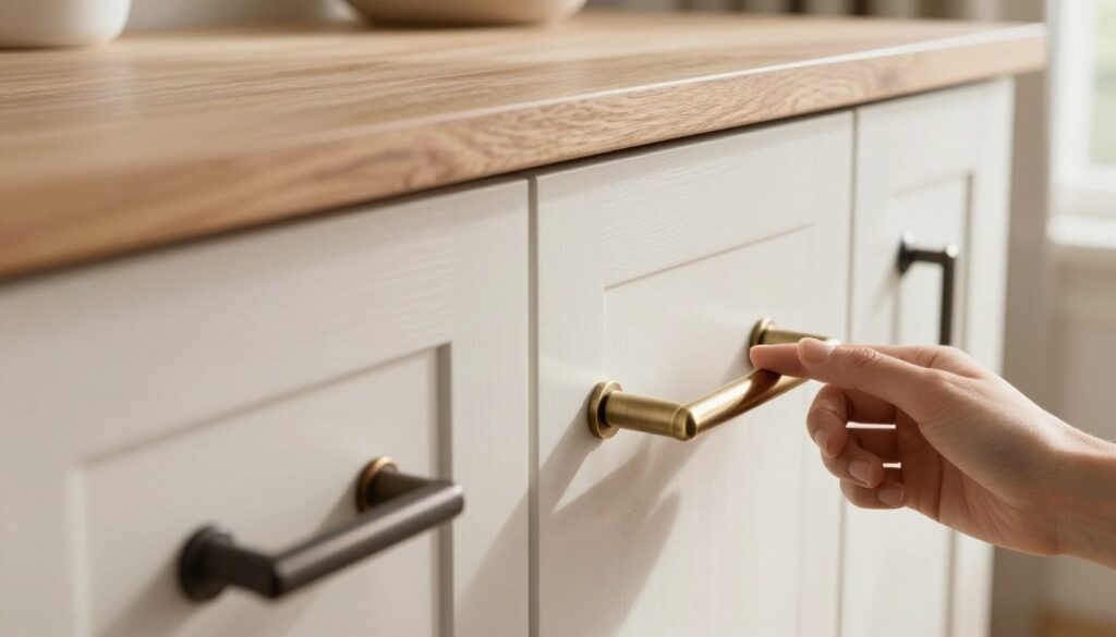 A close-up view of modern cabinet handles, showcasing a variety of stylish designs and finishes, including brushed nickel, matte black, and antique bronze. In the foreground, a hand gently touches a sleek handle, highlighting the craftsmanship and elegance of these hardware pieces. The middle ground features a beautifully refinished wooden cabinet with a fresh coat of paint, accentuating the contrast between the cabinet and the shiny handles. In the background, soft natural light streams in through a nearby window, casting gentle shadows and creating a warm, inviting atmosphere. The scene is framed with a shallow depth of field to focus on the details of the handles, evoking a sense of transformation and sophistication in home decor. A close-up view of modern cabinet handles, showcasing a variety of stylish designs and finishes, including brushed nickel, matte black, and antique bronze. In the foreground, a hand gently touches a sleek handle, highlighting the craftsmanship and elegance of these hardware pieces. The middle ground features a beautifully refinished wooden cabinet with a fresh coat of paint, accentuating the contrast between the cabinet and the shiny handles. In the background, soft natural light streams in through a nearby window, casting gentle shadows and creating a warm, inviting atmosphere. The scene is framed with a shallow depth of field to focus on the details of the handles, evoking a sense of transformation and sophistication in home decor.