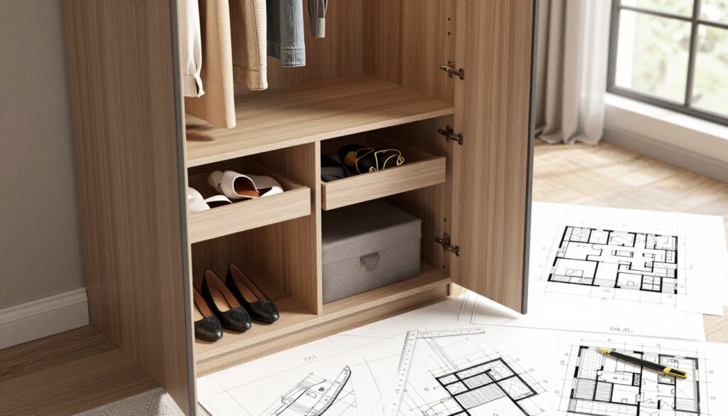 A detailed architectural illustration of a custom wardrobe design, showcasing a modern and functional layout. In the foreground, feature a sleek wardrobe model with an open door, revealing neatly organized compartments for clothes, shoes, and accessories. The middle ground displays various drafting tools like a ruler and design sketches, hinting at the planning process. In the background, have a well-lit interior space with soft natural light filtering through a window, highlighting the cozy atmosphere. Utilize a warm color palette to convey a sense of comfort and style. Capture the scene from a slightly elevated angle to provide a comprehensive view, emphasizing both the wardrobe structure and design elements.