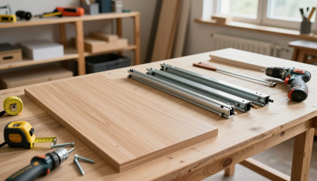 A detailed workspace scene showcasing an array of materials and tools for crafting sliding cabinet doors. In the foreground, there is a wooden panel, prepped and ready for assembly, surrounded by a measuring tape, a hand saw, screws, and a drill. In the middle, a set of metal tracks and rollers is neatly arranged, highlighting essential components for sliding mechanisms. In the background, a well-lit workshop with wooden shelves filled with other DIY materials and tools creates an inviting atmosphere. Natural light streams through a window, casting soft shadows, enhancing the texture of the wood and tools, evoking a sense of creativity and craftsmanship. The angle is slightly elevated, providing a clear view of all elements without distractions or clutter.