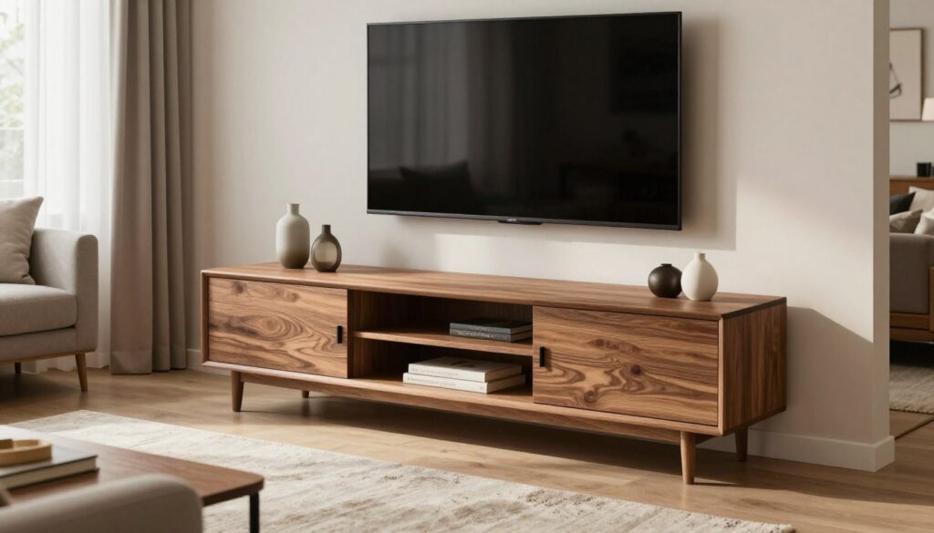 A modern living room featuring a stylish, minimalistic furniture piece designed to hold a television, replacing traditional media cabinets. In the foreground, there's a sleek wooden TV stand with open shelving showcasing elegant decor items like books and decorative vases. In the middle ground, a large flat-screen TV is mounted on the wall above the stand, with ambient lighting subtly illuminating the space. The background includes a cozy couch adorned with soft cushions and a large area rug, creating a warm and inviting atmosphere. Natural light flows through sheer curtains, enhancing the overall brightness and adding a serene, contemporary feel to the scene. The image should convey a harmonious blend of functionality and aesthetic appeal, ideal for modern interiors.
