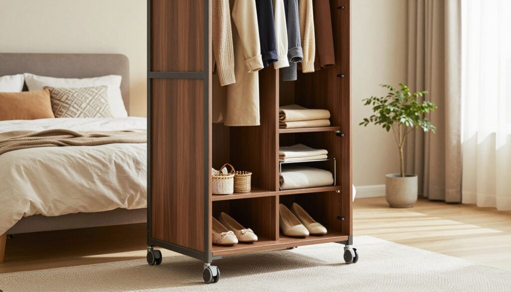 A stylish, portable wardrobe on wheels, designed for modern spaces, showcased in a cozy bedroom setting. In the foreground, the mobile wardrobe is open, revealing neatly organized clothes, accessories, and shoes. The wardrobe features a sleek design with a combination of wood and metal, complemented by practical wheels for easy movement. In the middle ground, a beautifully made bed with soft, neutral bedding and decorative pillows adds warmth to the scene. The background shows a softly lit room with light-colored walls, a small potted plant, and a stylish rug underfoot, creating an inviting atmosphere. The lighting is natural and soft, coming from a nearby window, highlighting the organization and functionality of the wardrobe. The overall mood is refined yet comfortable, ideal for inspiring efficient storage solutions.