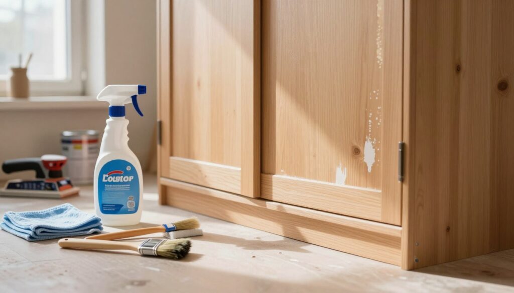 A well-lit workshop scene focusing on the preparation of a wooden wardrobe surface before painting. In the foreground, a set of cleaning supplies including a spray bottle, cloths, and brushes are arranged neatly, emphasizing cleanliness and readiness. The middle ground features a partially sanded wardrobe with visible old paint layers, showcasing the importance of surface preparation. Soft natural light filters through a window, casting gentle shadows and highlighting the textures of the wood. The background subtly includes tools like a sander and paint cans, creating an organized yet creative atmosphere. The overall mood is one of industriousness and care, suggesting an important step in a DIY project. A well-lit workshop scene focusing on the preparation of a wooden wardrobe surface before painting. In the foreground, a set of cleaning supplies including a spray bottle, cloths, and brushes are arranged neatly, emphasizing cleanliness and readiness. The middle ground features a partially sanded wardrobe with visible old paint layers, showcasing the importance of surface preparation. Soft natural light filters through a window, casting gentle shadows and highlighting the textures of the wood. The background subtly includes tools like a sander and paint cans, creating an organized yet creative atmosphere. The overall mood is one of industriousness and care, suggesting an important step in a DIY project.